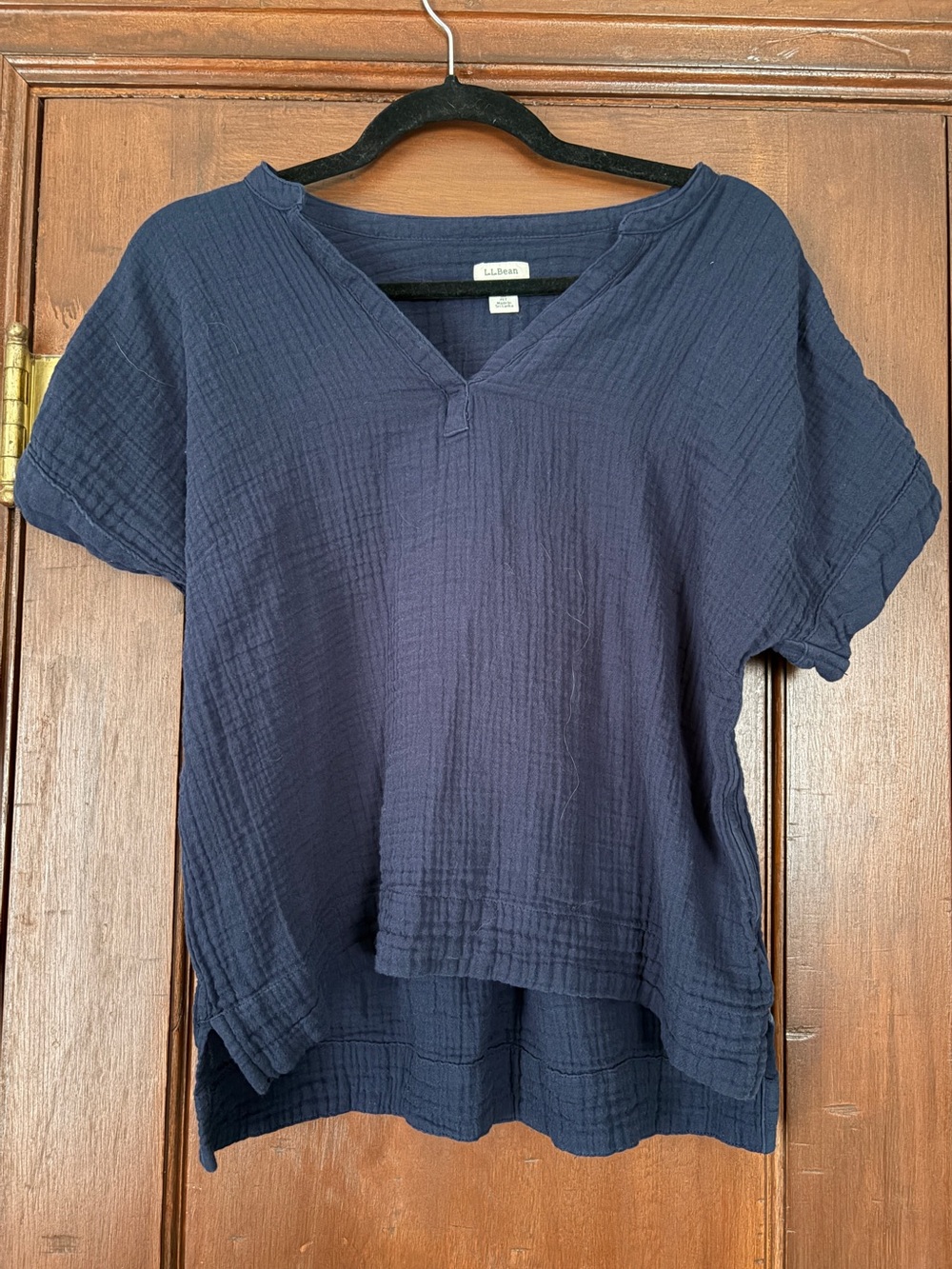 L.L. Bean Navy Cotton Gauze V-Neck Short Sleeve Top